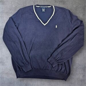 Ralph Lauren Golf Navy Blue V Neck Sweater V-Neck Logo Large Italian Cotton G76